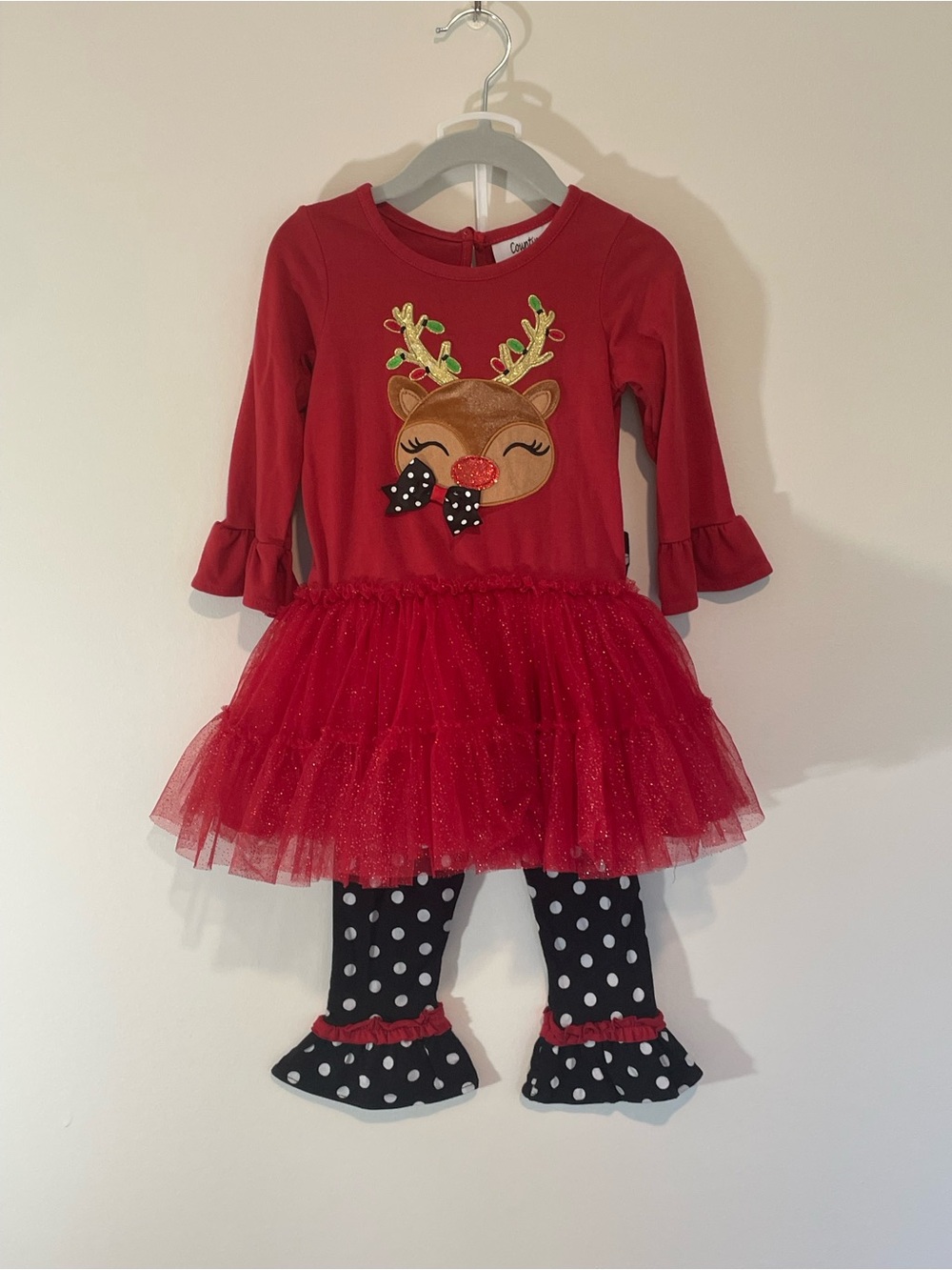 Girls Red Reindeer Tulle Dress with Polka Dot Leggings 2T
